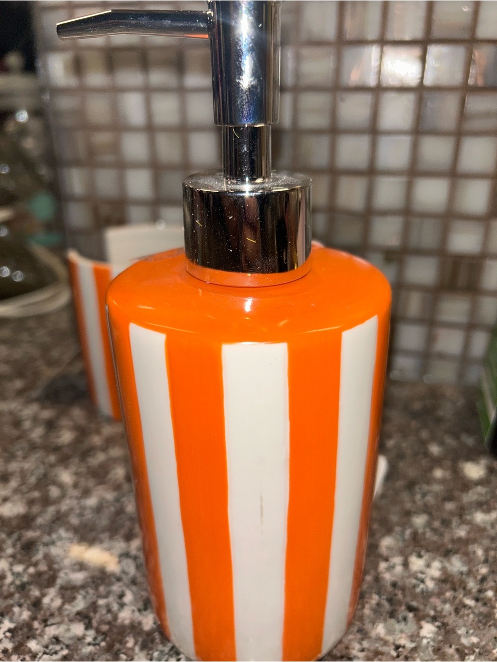 Orange and White Striped Ceramic Soap Dispenser